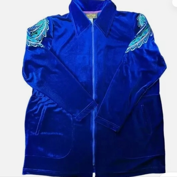 BOB MACKIE Vtg Royal Blue Velvet Peacock Whimsigoth Fairycore Zip Jacket Sz L - Picture 2 of 10